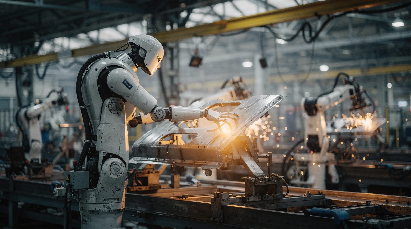 A humanoid robot lifting a sheet-metal panel into a welding fixture on an automotive line