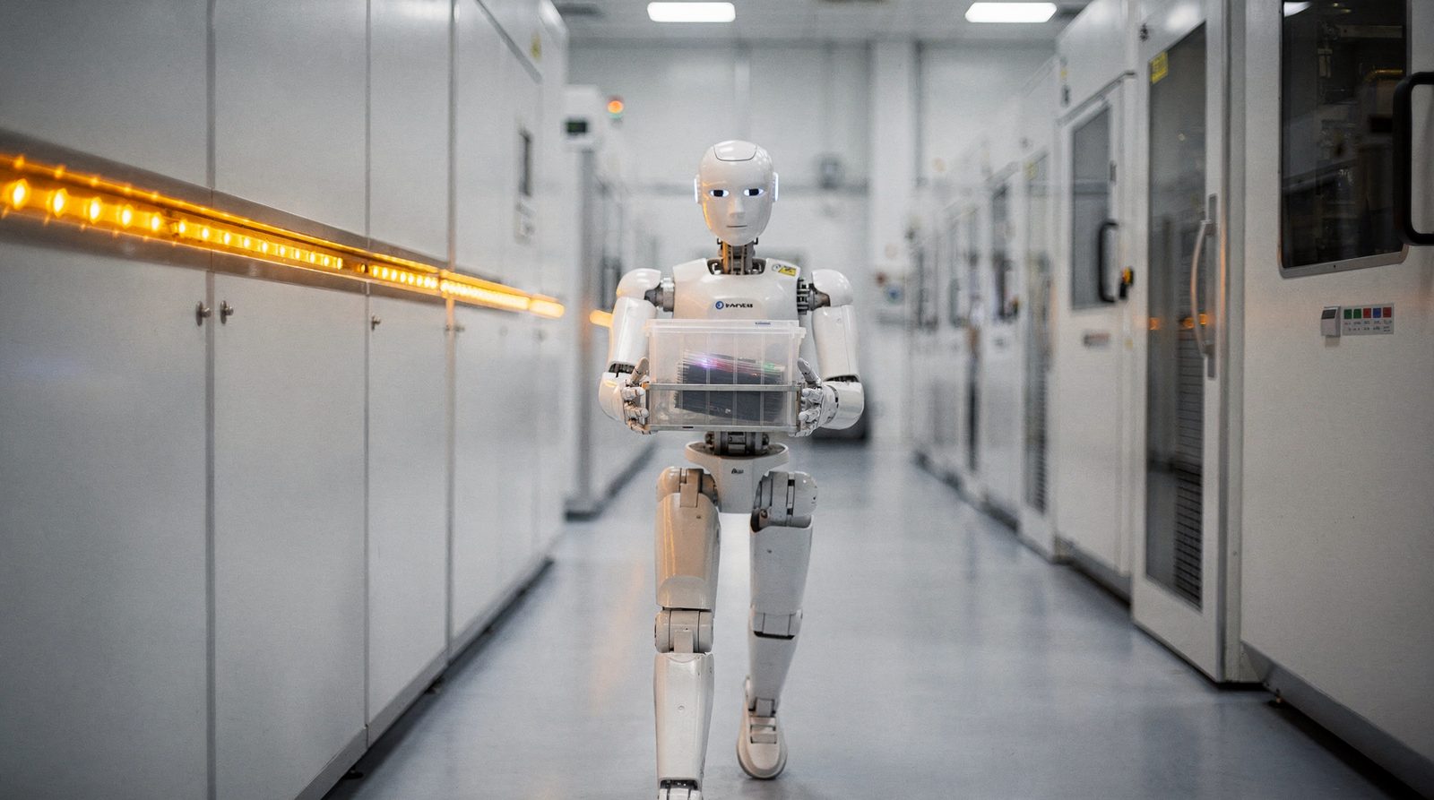 A sealed white humanoid robot carrying a wafer carrier pod along a cleanroom corridor