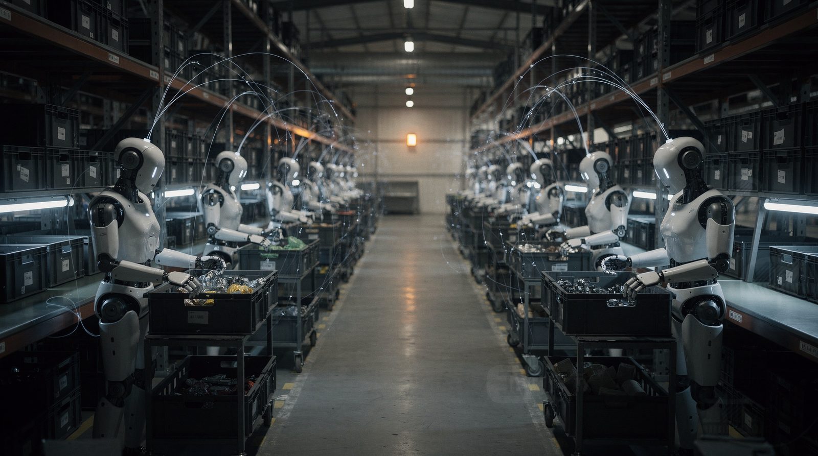 A long warehouse aisle with identical humanoid robots working at stations on both sides
