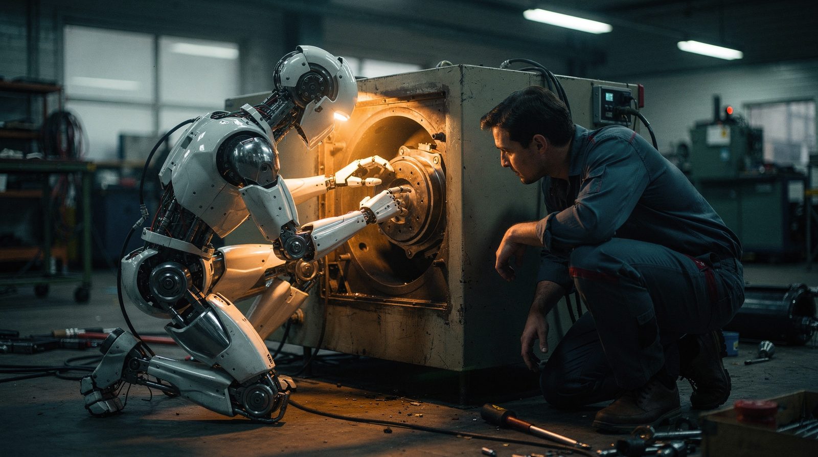 A humanoid robot and a human engineer crouched together at an open maintenance panel