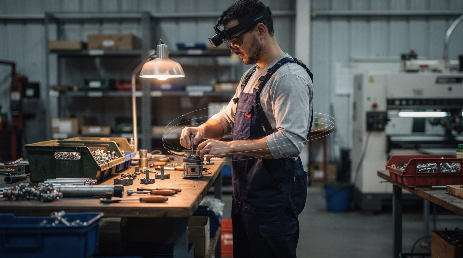 A factory worker in a slim capture harness performing a task with no robot present