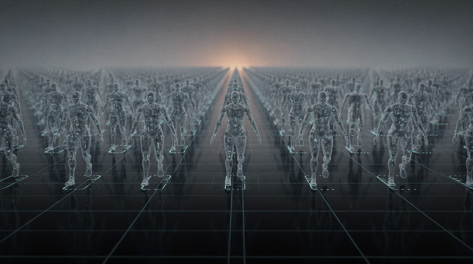 Hundreds of translucent humanoid figures standing in a grid inside a physics simulation