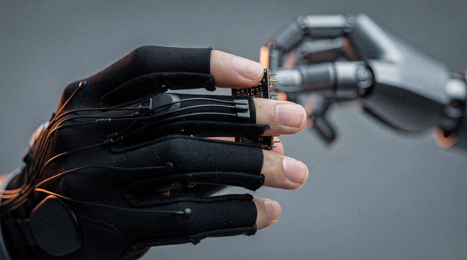 Close-up of a hand in a thin tactile data glove gripping a metal component