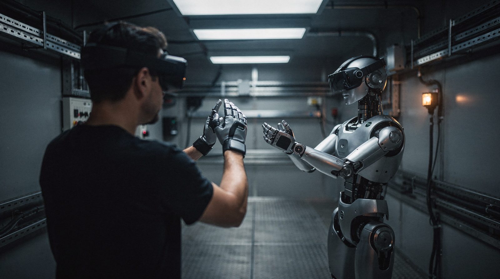 An operator in a VR headset and haptic gloves mirrored by a humanoid robot