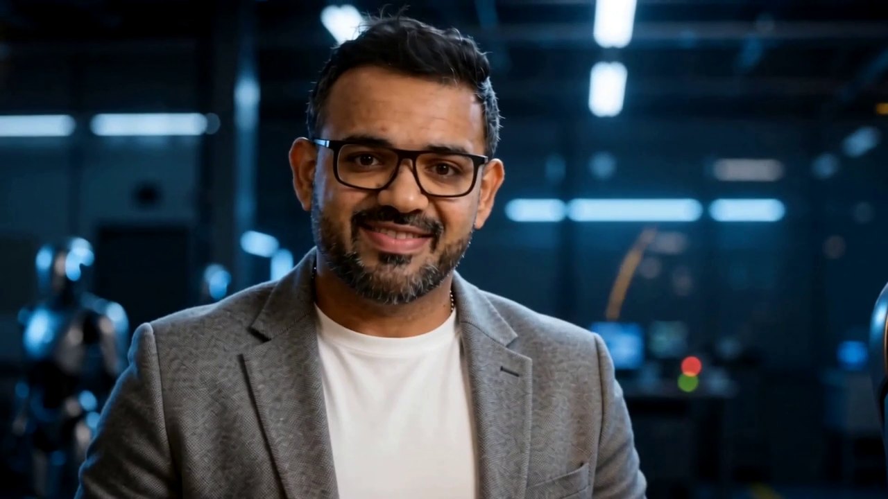 Ram Agarwal on a factory floor, a robot visible behind him